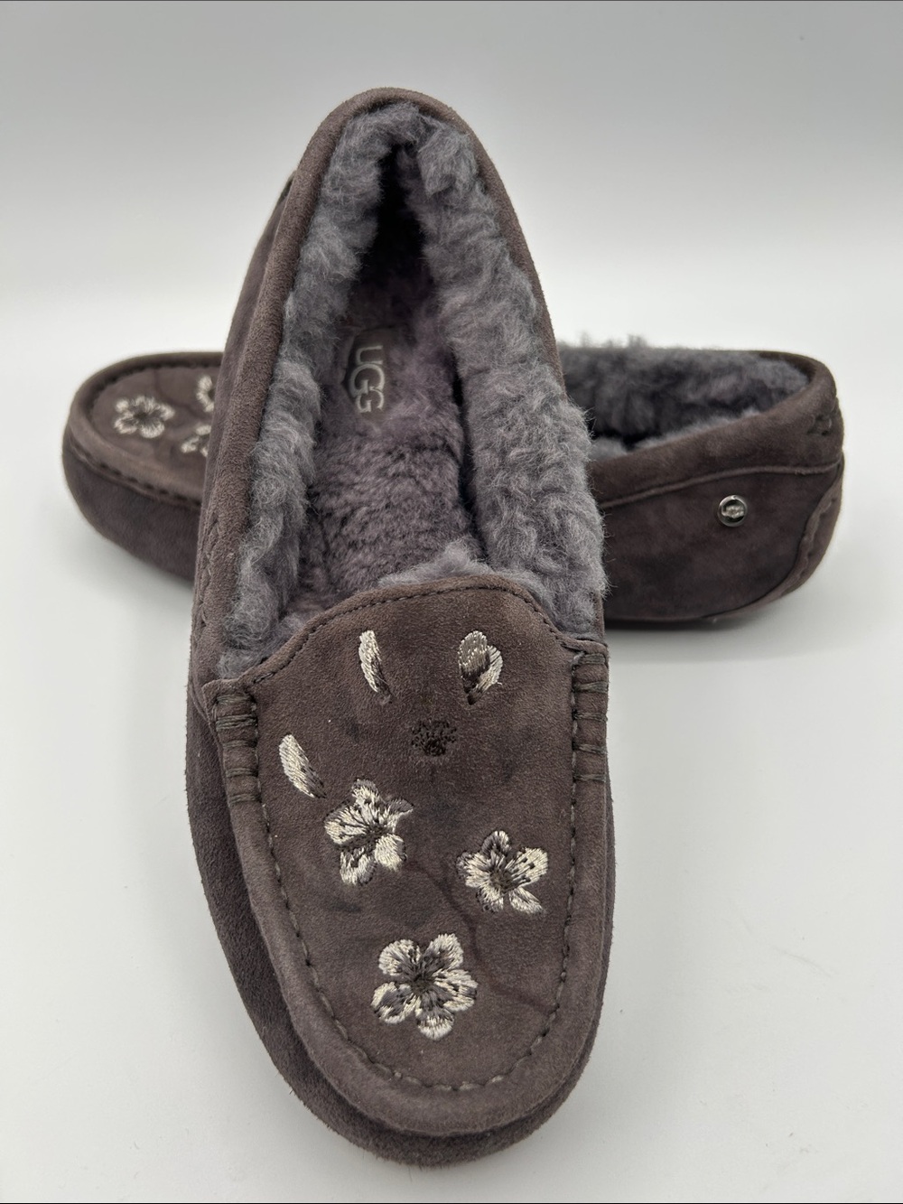 UGG Ansley Blossom Gray Suede Moccasin Slippers with Plush Shearling Lining - Picture 13 of 16